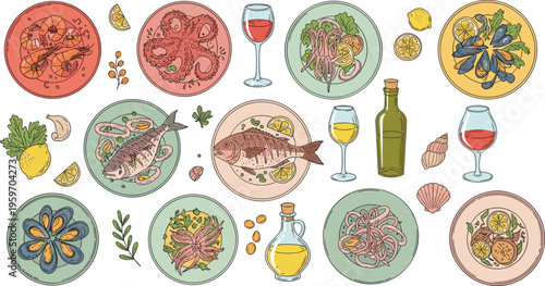 Mediterranean Cuisine Collection Featuring Fish, Seafood, Olive Oil, Wine, and Fresh Herbs for Culinary, Food, and Gourmet Designs