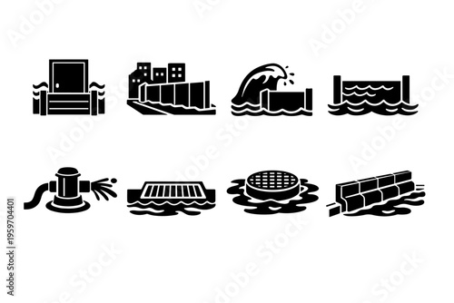Illustration of Flood Prevention and Management Techniques Depicting Key Elements Such as Barriers, Pumps, and Water Flow Control Systems