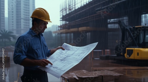 Architect on the job: A dedicated architect meticulously reviews architectural plans at a construction site amidst a rain shower. A scene of construction, expertise and dedication. 