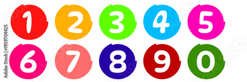 Collection of bullet point designs from 0 to 9. Number icons with round designs on white background.