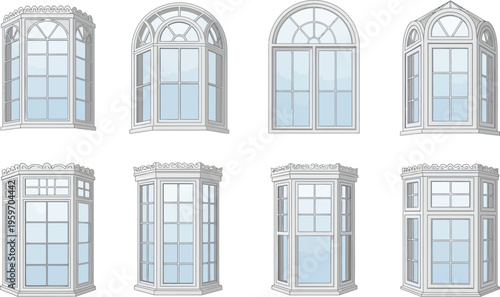 Collection of various bay and bow windows with classic white frames and clear glass ideal for architectural design home renovation or real estate projects