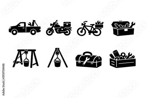 A Collection of Illustrative Icons Featuring Various Tools, Vehicles, and Equipment Symbols Representing Mechanics and Outdoor Activities