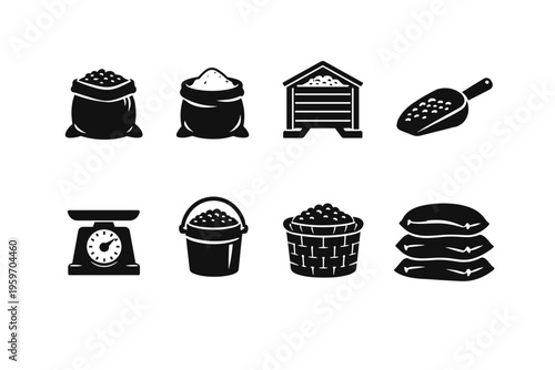 Illustration of Various Grain Storage Methods Featuring Bags, Scoops, Scales, and Bins for Effective Food Preservation and Distribution