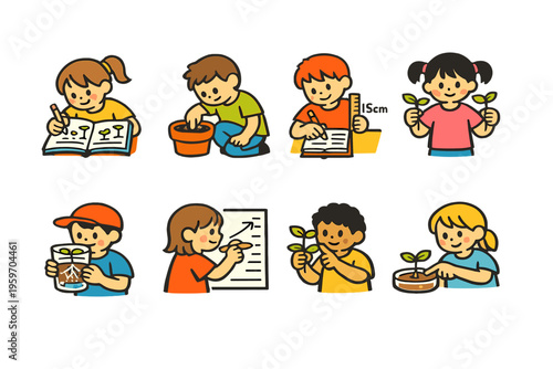 A Colorful Collection of Children Engaging in Various Gardening and Science Activities, Promoting Sustainability and Growth Through Nature Exploration