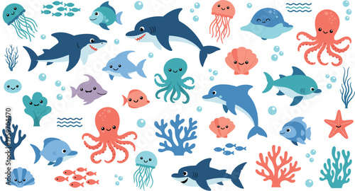 Cute Ocean Life Icon Set with Sharks, Dolphins, Jellyfish, Octopus, Coral, Fish, and Sea Creatures in Playful Style