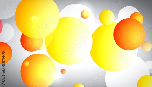 Abstract 3D illustration of vibrant yellow and orange glowing spheres floating on a clean white and grey background for modern designs