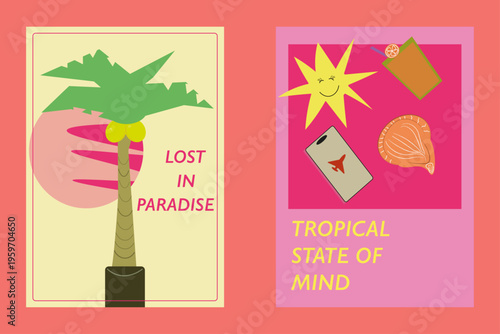 posters on the topic 'rest' ,vacation posters ,a palm tree with a sunset and a phone on silent