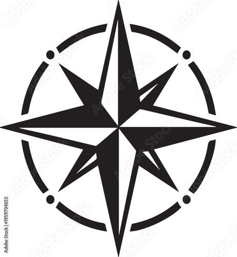 Black compass rose silhouette icon symbolizing navigation orientation and direction in a minimal modern design