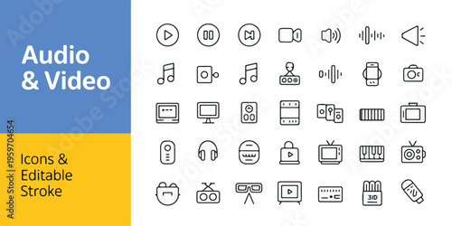 Audio and video icons media playback sound waves music player camera headphones recording microphone entertainment
