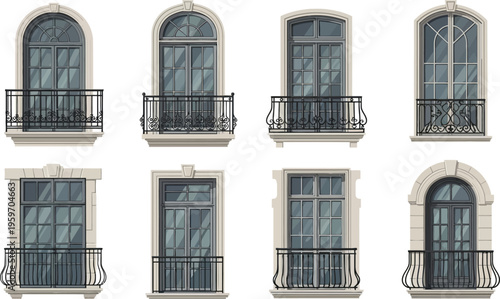 Set of classic architectural windows with ornate wrought iron balconies featuring various shapes and traditional designs isolated on a white background