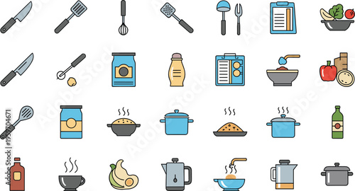 Kitchen and cooking icons set with utensils ingredients pots appliances and food preparation elements vector illustration collection