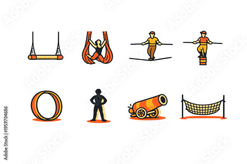 A Colorful Collection of Circus Performances Featuring Aerial Acts, Tightrope Walkers, and Traditional Entertainment Icons