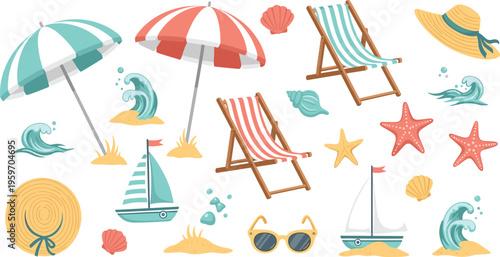 Beach Vacation Collection Featuring Umbrellas, Chairs, Sailboats, and Seashells for Summer, Travel, and Outdoor Designs