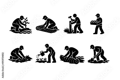 Illustration of Agricultural Practices: Planting, Cultivating, and Harvesting Activities in a Series of Black Silhouettes Depicting Farm Workers at Various Stages