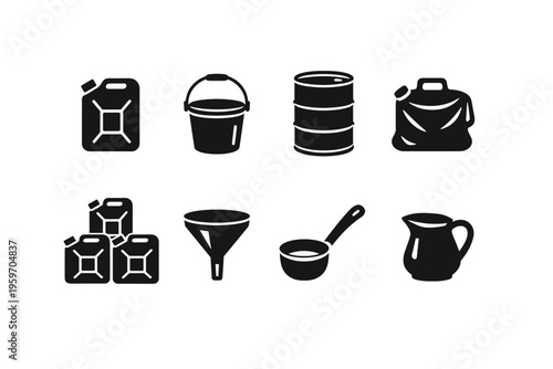 Assorted Containers and Equipment for Liquid Storage, Measurement, and Transfer in Various Shapes and Sizes, Including Buckets, Canisters, and Funnels