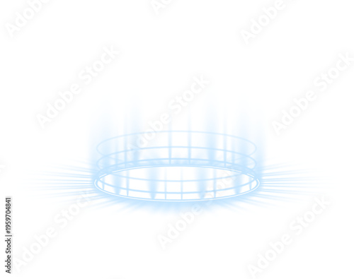 Futuristic hologram circle with glowing blue neon aura. Bright central light creates teleportation platform effect. Ideal PNG for sci-fi or digital interfaces.