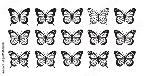 Group of elegant butterfly silhouettes featuring swallowtail and monarch styles for nature design projects