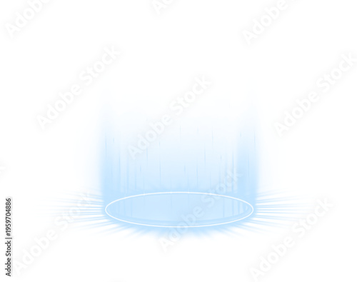 Glowing blue ring platform with holographic neon swirl. Light beams form teleportation portal effect. Ideal PNG for futuristic technology or gaming graphics.