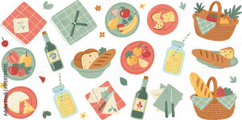 Picnic Collection Featuring Fresh Fruits, Breads, Cheese, Jars, and Basket for Outdoor, Summer, and Food Design Projects