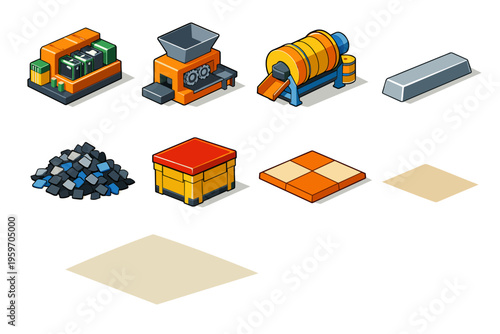 An Array of Industrial Equipment and Raw Materials Including Crushers, Conveyors, and Various Material Types for Manufacturing Processes