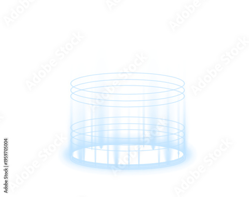 Futuristic blue neon ring platform glows with energy sparkles. Circular hologram creates teleportation portal effect. Transparent PNG perfect for gaming or sci-fi visuals.