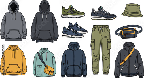 Casual Streetwear Collection Featuring Hoodies, Sneakers, Joggers, and Accessories for Urban Fashion, Comfortable, and Trendy Designs