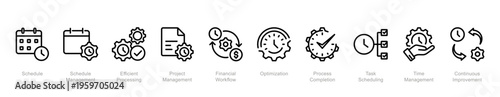 Time management line icon collection.  Minimalist schedule planners, business process optimization, and efficient workflow organization icon set. Editable vector stroke