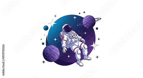 An astronaut in a white spacesuit floats heroically in a colorful galaxy with purple planets and stars on International Day of Human Space Flight