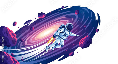 An astronaut in a white spacesuit floats through a vibrant galaxy with swirling purple and pink hues, surrounded by planets and asteroids in a colorful illustration