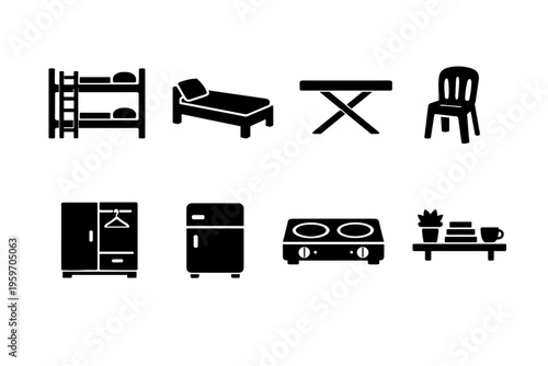 Collection of Minimalist Furniture Icons Featuring Bunk Bed, Single Bed, Table, Chair, Refrigerator, Cooking Stove, and Décor Elements
