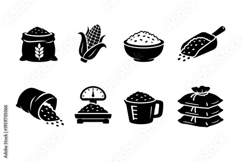 A Comprehensive Collection of Various Grains and Measuring Tools Represented in Simple Black and White Icons for Educational Purposes