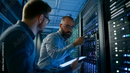 Server Room Collaboration: Two technicians collaborate in a modern server room, meticulously inspecting and maintaining the high-tech equipment.