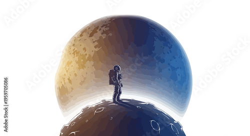 An astronaut stands on a planetary surface looking up at a large, colorful moon in a galaxy during a space exploration mission