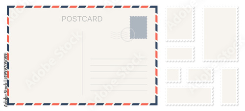 Old postcard and postage collection with address line and stamps. Retro blank vintage air mail envelopes templates. Vector transparent illustration
