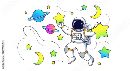 A cute astronaut floats in space surrounded by colorful stars, planets, and moons in a vibrant galaxy illustration