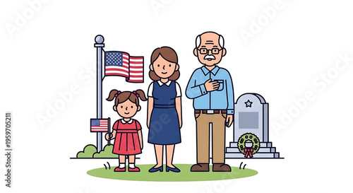 A cartoon illustration of a family standing together in front of a grave with an American flag