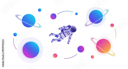 An astronaut floats through a colorful galaxy surrounded by planets and moons in a vibrant illustration for space exploration day