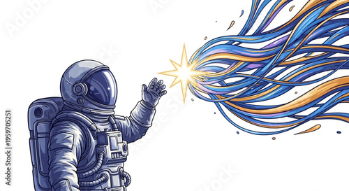 An astronaut in a spacesuit reaches out to colorful, swirling energy lines emanating from their hand in a galaxy illustration