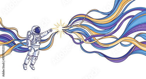 An astronaut in a white spacesuit floats through a colorful galaxy with flowing ribbons and a starburst, celebrating International Day of Human Space Flight