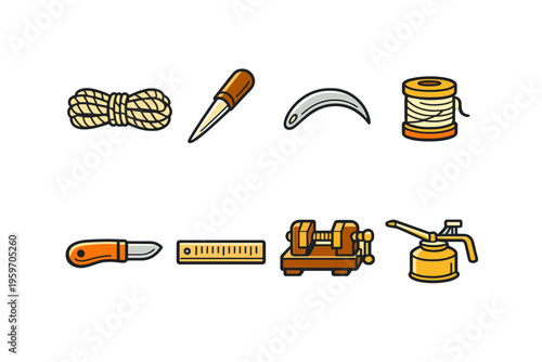 A Collection of Essential Tools Featuring Ropes, Cutting Instruments, Rulers, and Oilers for Craftsmanship and DIY Projects