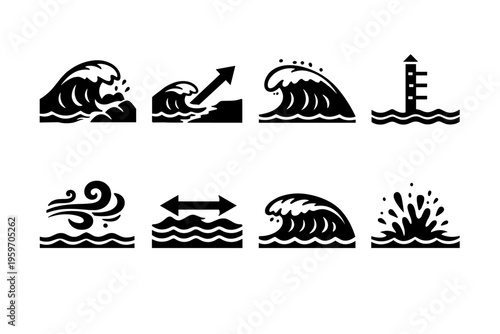 A Stylish Collection of Wave Icons Illustrating Ocean Movement, Currents, and Coastal Elements in Minimalist Design