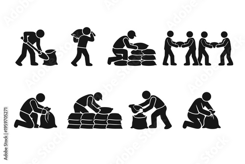 A Sequence of Laborious Tasks Depicting Workers Engaged in Various Stages of Manual Labor, Including Bagging, Lifting, and Collaborating with Teamwork Skills