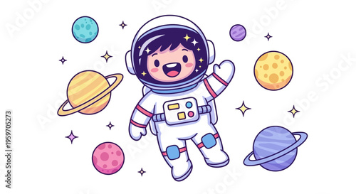 A cheerful cartoon astronaut floats in space surrounded by colorful planets and stars, wearing a white spacesuit with a helmet, conveying a joyful and exploratory mood