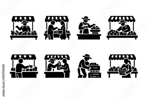 Illustration Depicting Various Activities at a Vibrant Farmers' Market, Showcasing Interactions Between Vendors and Shoppers in a Bustling Environment