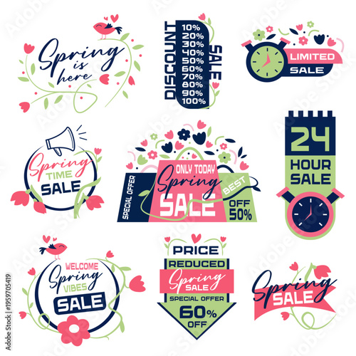Spring discount vector badge in pastel style illustration. Green and pink colors. Floral offer and leaf promotion create fresh savings look. Ideal for spring promo banners