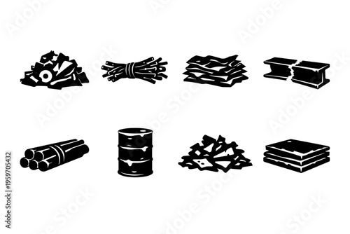 A Collection of Various Materials Depicted in Black Silhouette, Showcasing Scrap, Sticks, Metal Plates, and More for Industrial Applications