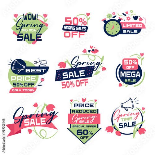 Spring discount vector badge in pastel style illustration. Green and pink colors. Floral offer and leaf promotion create fresh savings look. Ideal for spring promo banners