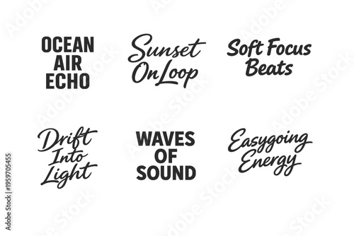 A Creative Display of Relaxing and Soothing Beach-Inspired Typography Featuring Phrases Such as 'Ocean Air Echo' and 'Waves of Sound'