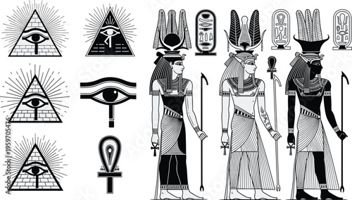 Ancient Egyptian vector set featuring Eye of Horus Providence pyramid Ankh symbols and traditional pharaoh deities in black and white line art for history and culture.
