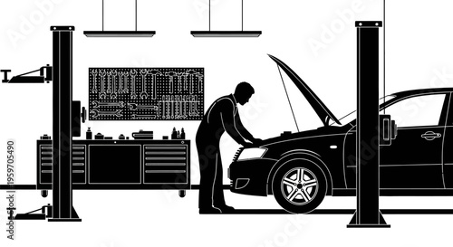Mechanic inspecting car in garage with tools and equipment around